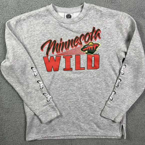 Minnesota‎ Wild Crewneck Sweater Gray Hockey Laces Sweatshirt NHL Size Small - Picture 1 of 7